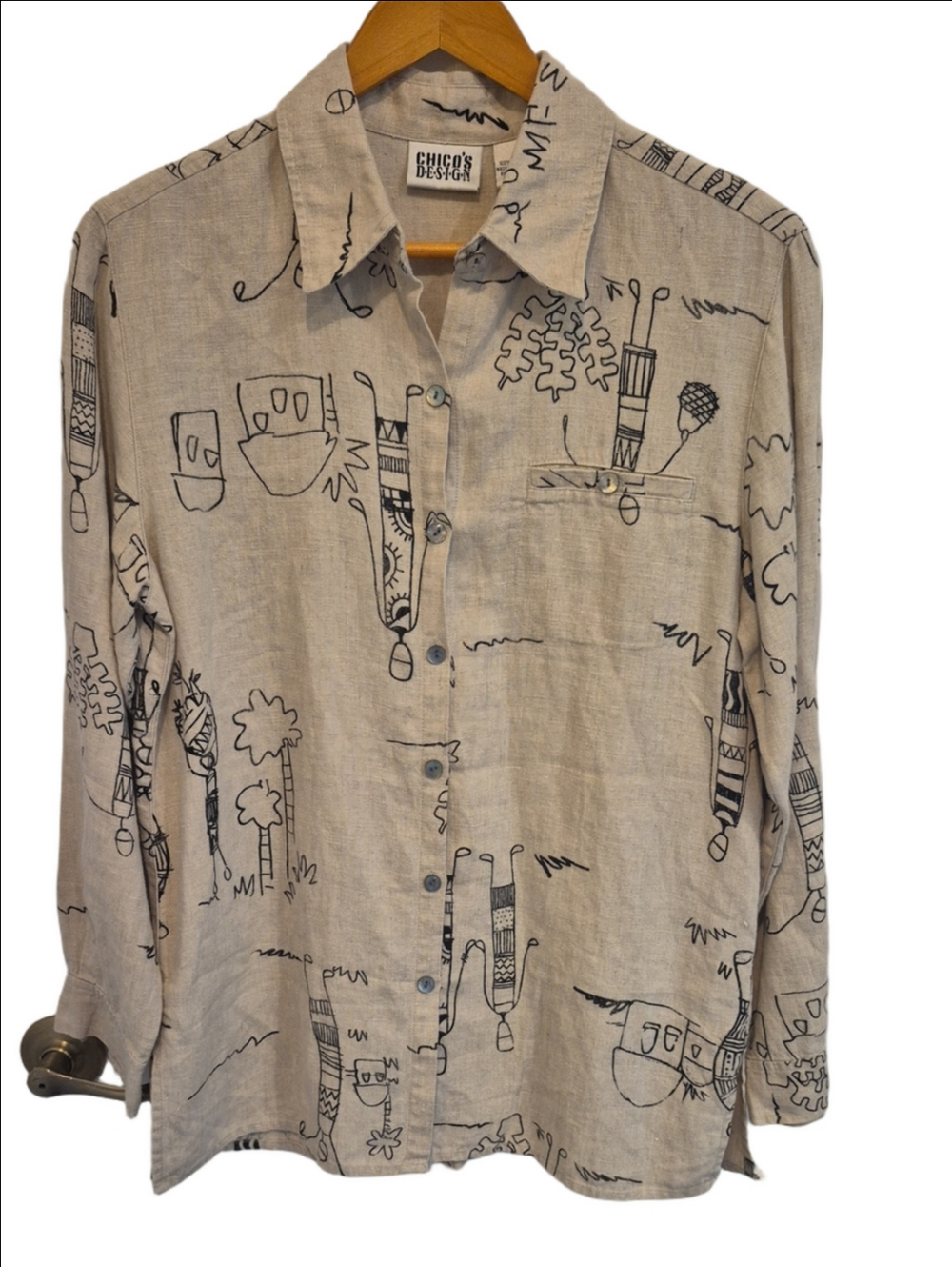 Chico's Beige Linen Button-Up with Black Sketch Accents